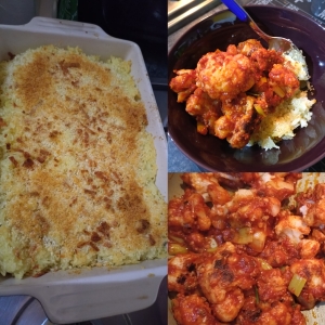 collage of 3 pictures: left - baked rice in an oven dish, bottom right, cauliflower frying in a tomato sauce, top right - a purple bowl filled with a serving of each dish.